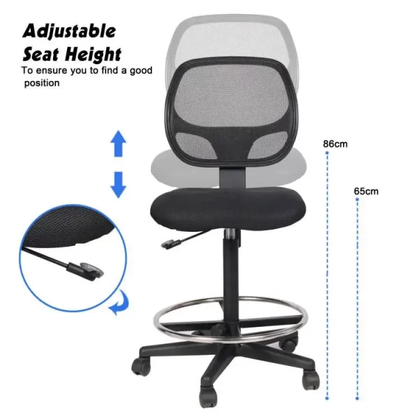 Mesh Office Drafting Chair with Adjustable Foot Ring Tall Office Chair Standing Desk Chair with Ergonomic Back and Adjustable Height Rolling Chair Task Chair with Wheels (Black)