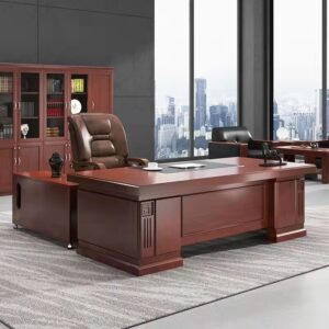 Mesh visitor office chair, executive high back office chair, mahogany coffee table, 5-seater brown office sofa, 2-door metallic cabinet with safe, mesh high back office seat, executive cupboard