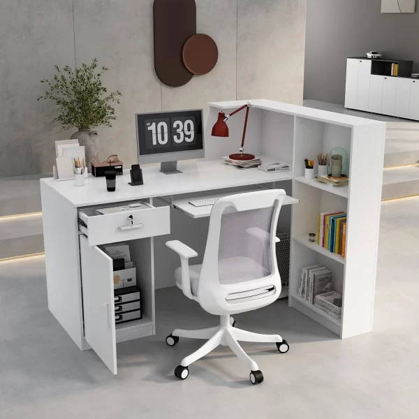 cashier seat, directors seat, 4-link padded bench, 4-way workstation, 2.4m boardroom table, 3-door wooden filing cabinet, 2-way workstation, 3-seater sofa