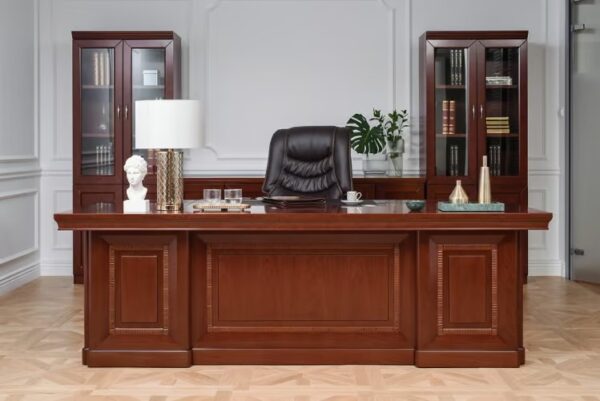 2.0m modern executive desk, fabric reclining office chair, 4-link padded waiting bench, swivel barstool, mahogany coat hanger, cashier reception seat, mid back office chair