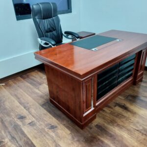 1.4m classic executive office desk, ergonomic headrest office chair, 4-link padded waiting bench, 4-drawer office filing cabinet, 3-door wooden filing cabinet, 3.0m boardroom table, 1.6m reception desk
