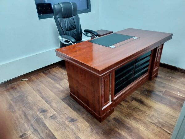 1.4m classic executive office desk, ergonomic headrest office chair, 4-link padded waiting bench, 4-drawer office filing cabinet, 3-door wooden filing cabinet, 3.0m boardroom table, 1.6m reception desk
