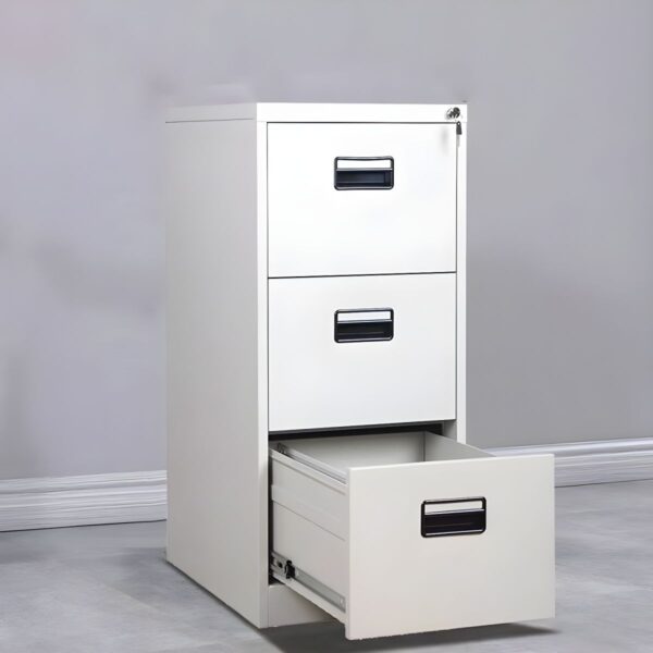 Vertical 3-drawer office filing cabinet, Mid back ergonomic office chair, 1.2m white electric adjustable table, Vertical metallic storage cabinet, Stackable catalina visitor seat, Training foldable chair with writing pad, Leather executive visitor chair, Low back ergonomic office chair