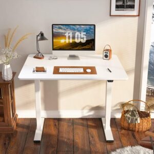 1.2m white electric adjustable table, Revolving back ergonomic chair, 2.2m execuitve wooden office desk, Red swivel adjustable barstool, Vertical metallic storage cabinet, 1.2m curved office desk, 2-door modern filing cabinet, 1.8m large executive office desk