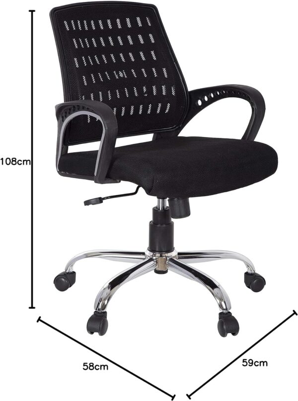 Revolving back ergonomic chair, Red swivel adjustable barstool, 2.2m execuitve wooden office desk, 1.2m curved office desk, Training foldable chair with writing pad, 2-door locking storage cabinet, 4-drawer steel filing cabinet