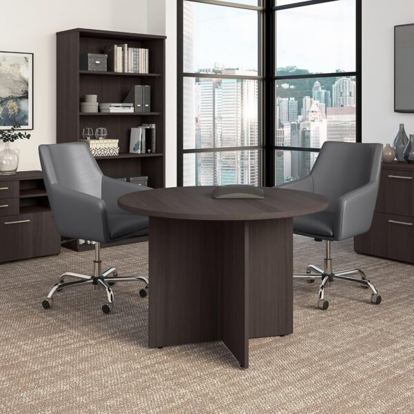 1.2m stylish round conference table, Low back ergonomic office chair, Comfortable foldable office chair,1.0m lockable office desk, 3-drawer heavy-duty vertical filing cabinet, Metallic lockable cabinet with safe