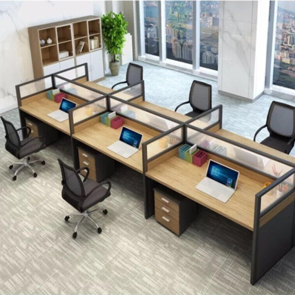 6-seater modular office workstation, 3-seater airport waiting bench, Vertical 3-drawer office filing cabinet, Reclining red gaming chair, Vertical metallic storage cabinet, 2.0m directors executive desk, Revolving back ergonomic chair, 1.2m curved office desk, High back executive visitor chair