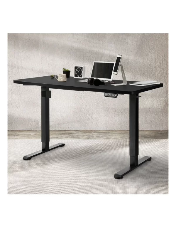 1.2m black electric standing table, 1.4m study office table, Medium back ergonomic chair, Stackable fabric tosca visitor seat, Executive ergonomic adjustable office chair