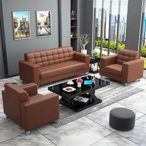 5-seater brown executive sofa,1.4m L-shaped executive desk, 1.4m L-shaped executive desk,Executive ergonomic office visitor seat, Full glass lockable filing cabinet, Reclining red gaming chair, Modern adjustable counter barstools