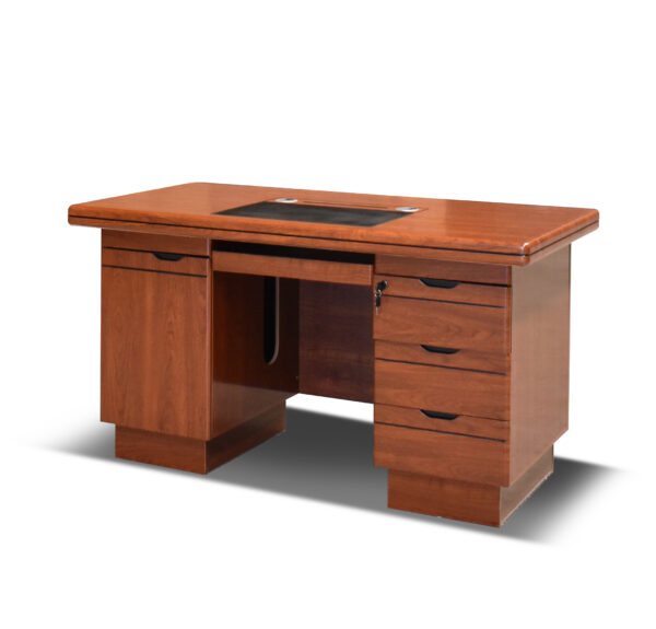 1400mm executive desk with drawers, 3-drawer lateral filing cabinet , Tosca stackable fabric visitor seat, Reclining executive directors seat, 5-seater brown modern reception sofa, 1800mm L-shaped executive table, Executive wooden coat hanger, High back executive office chair