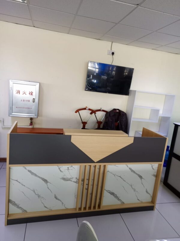 2.0m modern reception desk, Modern height swivel barstool, 60kgs fireproof digital safe, 1400mm L-shaped executive desk, 5-seater gray executive sofa, 3-seater airport waiting bench, 5-seater brown executive sofa, Height adjustable electric table,2-way modular curved workstation