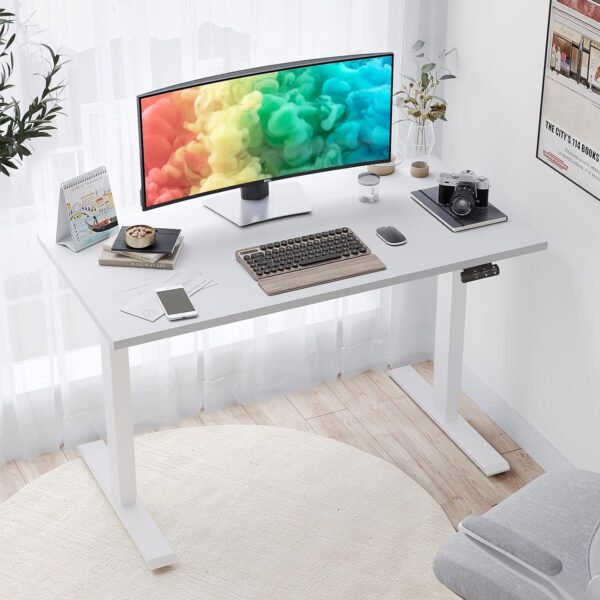 White electric adjustable table , Medium back computer office chair, 1800mm executive L-shaped desk, Leather executive visitor seat, 1400mm foldable wooden table, Mesh ergonomic boardroom seat