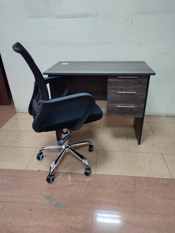 0.9m home office study table, Low back mesh clerical chair, Vertical 4-drawer filing cabinet, Reception 3-seater waiting bench, High back executive visitor seat, 1.2m black electric standing table, 1.4m round conference table, 15-locker steel filing cabinet, Ergonomic reclining red gaming chair