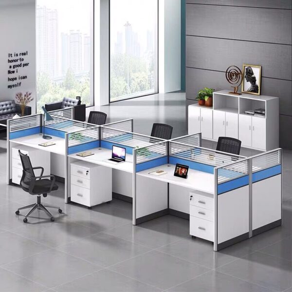 6-seater modular workstation, 80kgs fireproof digital safe, Full glass lockable filing cabinet, Black swivel height adjustable barstools, Foldable stackable mesh office chair, 1400mm executive desk with drawers, Tosca stackable fabric visitor seat, 2.4m oval boardroom table