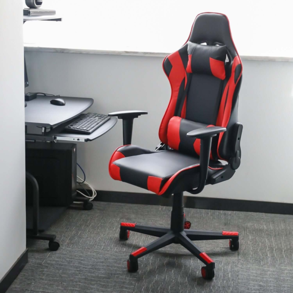 Ergonomic reclining red gaming chair, 1.2m black electric standing table, Medium back ergonomic chair, 2.0m executive managers table, Swivel adjustable barstools, 4-drawer steel lockable filing cabinet