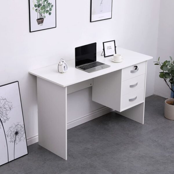 1.2m white office study desk, 6-seater modular workstation, 3-Seater executive office sofa, Foldable stackable mesh office chair, Vertical 4-drawer filing cabinet, Reception 3-seater waiting bench, Swivel adjustable barstools, Mesh reclining executive office chair
